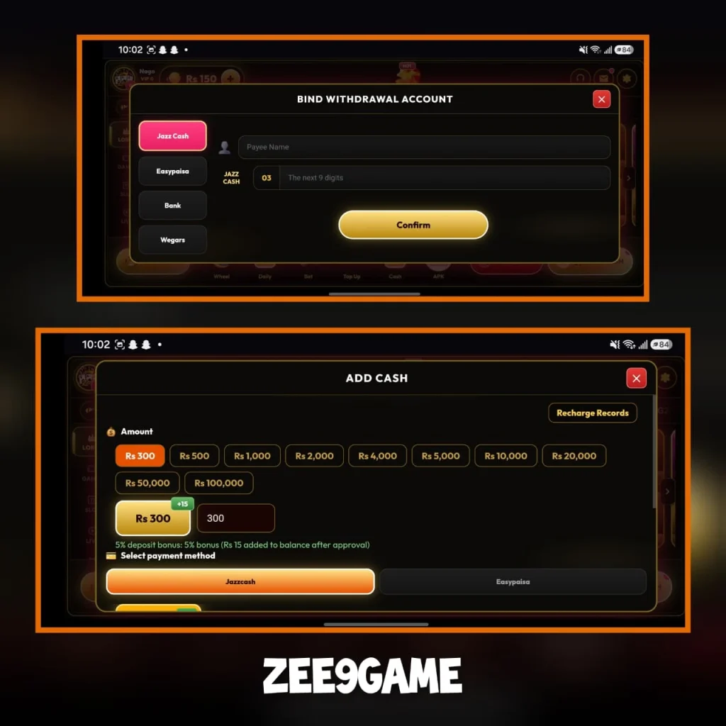 ZEE9 Game Withdraw and Deposit